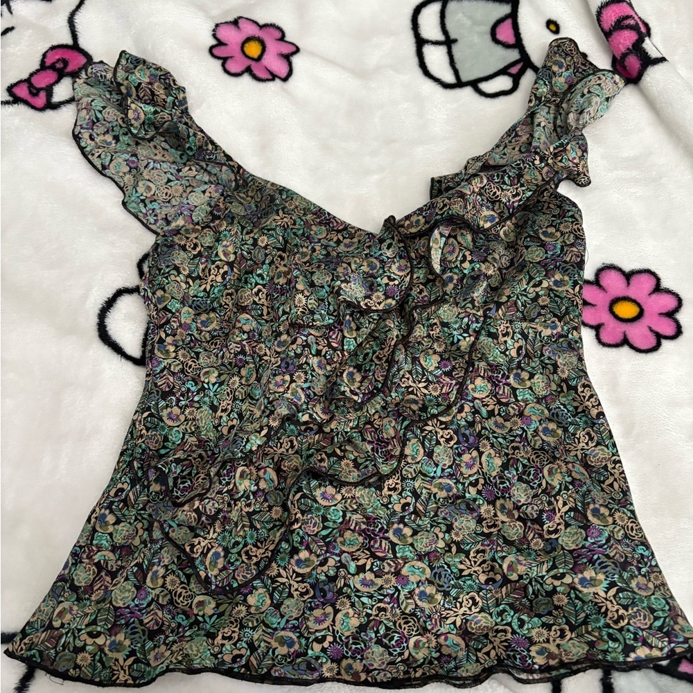 Dana Buchman Black Multi Floral Ruffled One-Shoulder Camisole